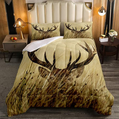 Antler Comforter Set Twin, Whitetail Deer Down Comforter, Stag Quilted Duvet, Countryside Rural Hunting Theme Comforter Set for Christmas Decorations Bedroom Decor All Season, Ultra Lightweight