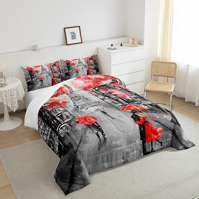 Red Paris Eiffel Tower Comforter Set Queen Size French Style Couple Lover Flower Bedding Sets For Girls Women Kids Quilted Duvet 1 Comforter + 2 Pillow Cases Romantic Bedroom Decor, Grey Black