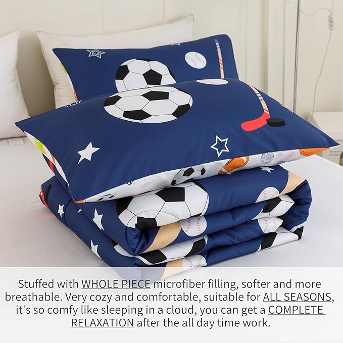 RYNGHIPY Kids Sports Theme Bedding Set, Basketball Football Baseball Tennis Print Comforter Set for Teens Boys Girls, Super Soft Lightweight (Balls,Queen)