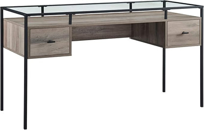 Walker Edison Writing Desk, 56, Glass Top 2 Drawer Computer, 56 Inch, Grey Wash