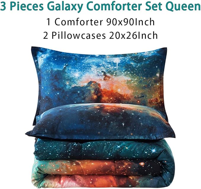 Litanika 3D Galaxy Comforter Queen(90x90lnch), 3 Pieces(1 Galaxy Comforter, 2 Pillowcases), Universe Nebula Outer Space Comforter, Microfiber Bedding Set for Boys Kids
