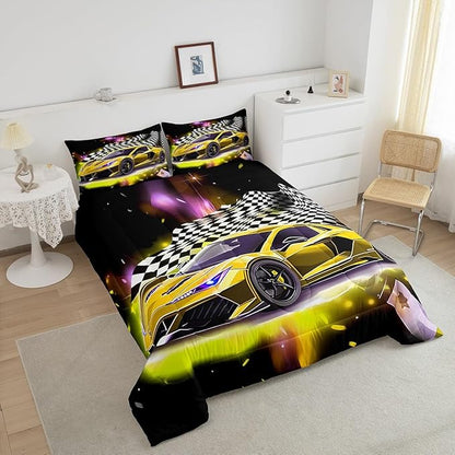 Yellow Sports Car Comforter Sets Full Size, Boys Race Car Bedding for Teens Girls Adult Extreme Speed Race Car Duvet Sets Black and White Grids Print Car Theme Bedroom Decor Quilts