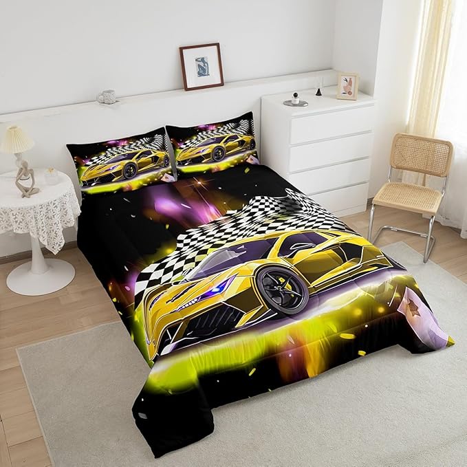 Feelyou Yellow Sports Car Comforter Sets Queen Size, Boys Race Car Bedding for Teens Girls Adult Extreme Speed Race Car Duvet Sets Black and White Grids Print Car Theme Bedroom Decor Quilts