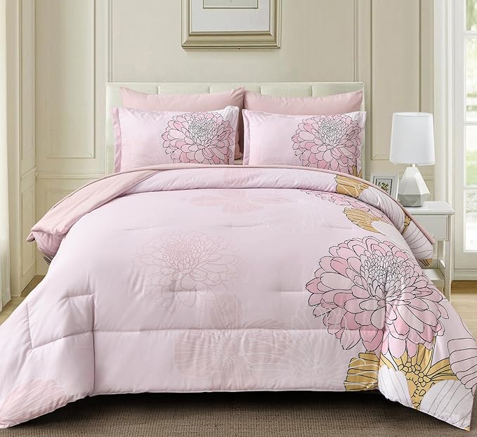 Yiran Bed in a Bag 7 Pieces Pink Colorful Floral Comforter Set Queen Size Soft Microfiber Bedding Set with Comforter,Sheets, Pillowcases & Shams 90"×90"