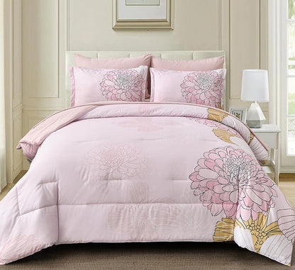 Pink Colorful Comforter Set King Size 7 Piece Floral Bed in a Bag Comforter for All Season Soft Microfiber Bedding Set for Teen Girls Women (103"×90")