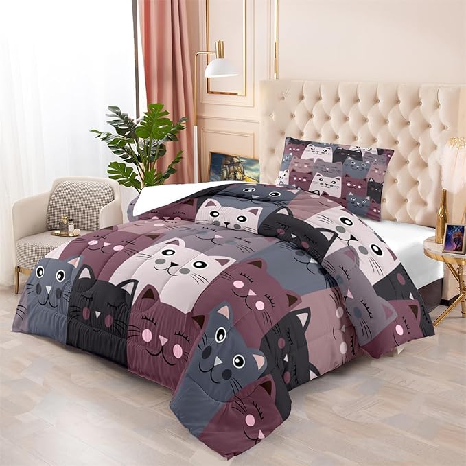 Cat Twin Comforter Set for Bedroom - 2Pcs Grey Cat Comforter Set for Teens Kids Cute Cartoon Cat Bedding Set Ultra Soft Warm Lightweight Kawaii Animal Patterns Comforter with Pillowcase
