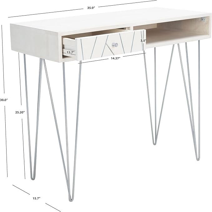 Safavieh Home Office Collection Marigold White Wash and Silver 1-Drawer Hairpin Leg Desk, 0