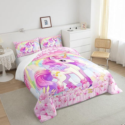 Cartoon Unicorn Kids Comforter Set Full Size,Sakura Cherry Blossom Japanese Bedding Set,Girls Women Room Decor,Rainbow Unicorn Cute Down Comforter,Pink Purple Romantic Duvet Insert,2 Pillowcases