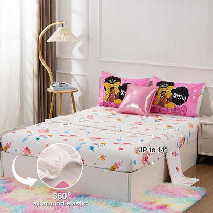 A Nice Night Black Girl Little Princess Comforter Set, Pink 6Pcs Bed in A Bag Full Size Sparkling Stars Bedding Set,for Kids, Girls