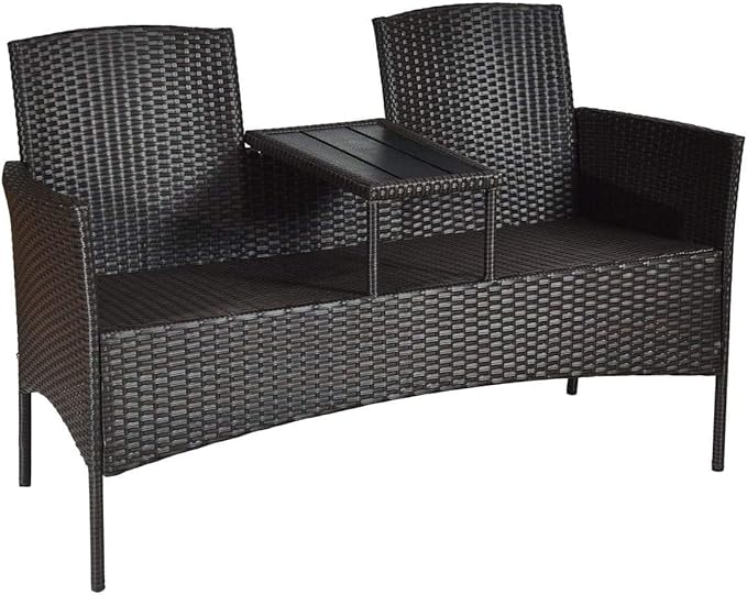 LUARANE Outdoor Rattan Sofas, Contract Patio Conversation Set Wicker Sofa Set with Built-in Coffee Table, Patio Furniture Set with Cushions, Rattan Loveseat for Lawn Backyard Garden (Brown+Beige)