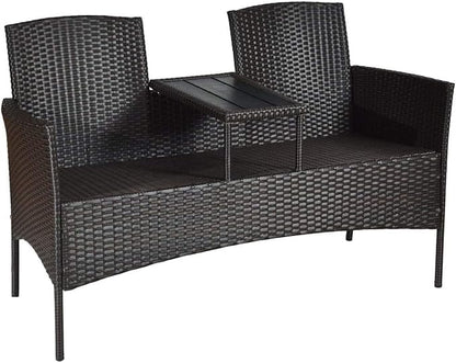 LUARANE Outdoor Rattan Sofas, Contract Patio Conversation Set Wicker Sofa Set with Built-in Coffee Table, Patio Furniture Set with Cushions, Rattan Loveseat for Lawn Backyard Garden (Brown+Beige)