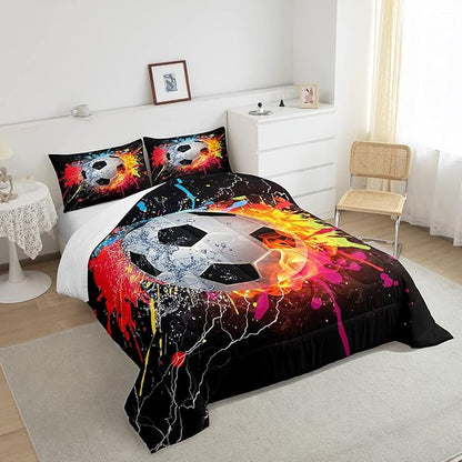Kids Soccer Twin Size Comforter Set For Boys Football Sports Bedding Set Teen Colorful Grunge Hippie Tie Dye Quilt Comforter Red Blue Water Fire Lightning Duvet Insert Lightweight Bedroom Dorm Decor