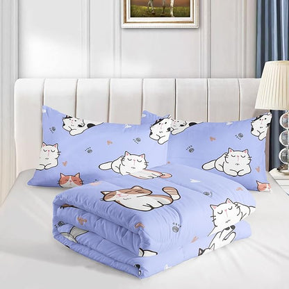 Datura home Purple Kawaii Cat Comforter Bedding Set for Girls Kitten Purple Print Cute Animal Pattern Bedding Set with 1 Comforter and 2 Pillowcases for Girls Bedroom All Season(Cat Purple Queen)