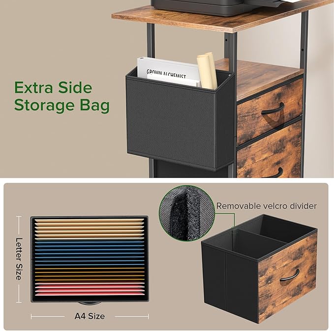 Mobile File Cabinet, 2 Fabric Drawer Filing Cabinet with Side Bag, Rolling Storage Organizer for Home Office, Vertical Printer Stand, Fits A4/Letter Size (Rustic Brown)