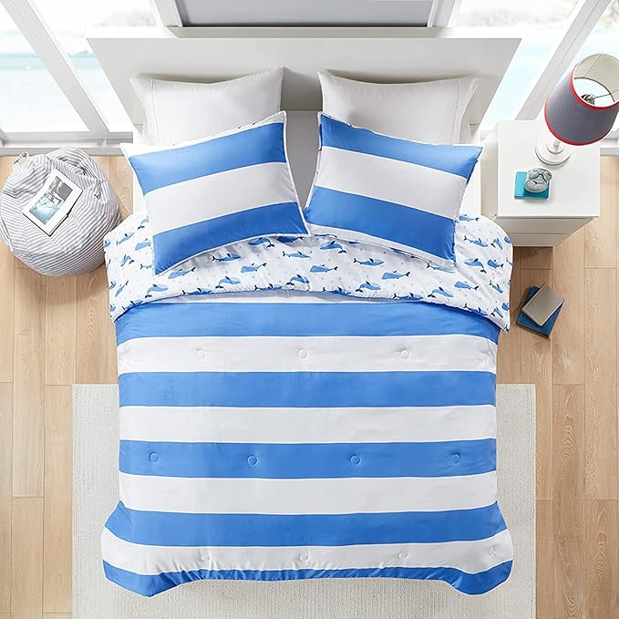 Mizone Kids Blake Reversible Dolphin Comforter Set - Adventure Animal Adorable Print with Stripe Reverse, Fun Bedroom Décor, Modern All Season Kids Bedding, Matching Sham, Blue 2 Piece, Full/Queen