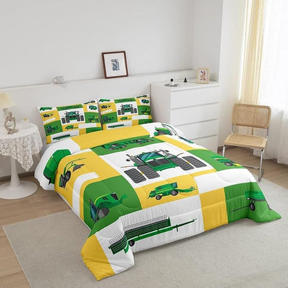 Boys Tractor Comforter Set King Kids Equipment Trucks Bedding Sets For Teens Bedroom Under Construction Quilt Set Excavator Vehicle Car Bedding Farmhouse Harvester Quilted Comforter,Green Yellow