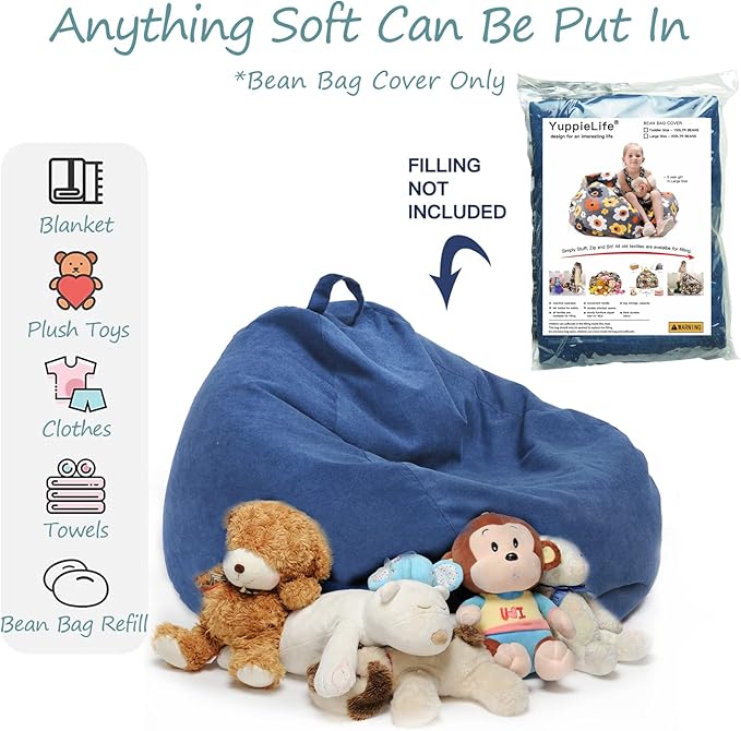 YuppieLife Stuffed Animals Bean Bag Chair Cover Candy-Colored Bean Bag(Just Cover, No Filling)/Large Stuff 'n Sit Organization/Toy Storage Bag/Kids Toys Organizer（27'',Navy blue