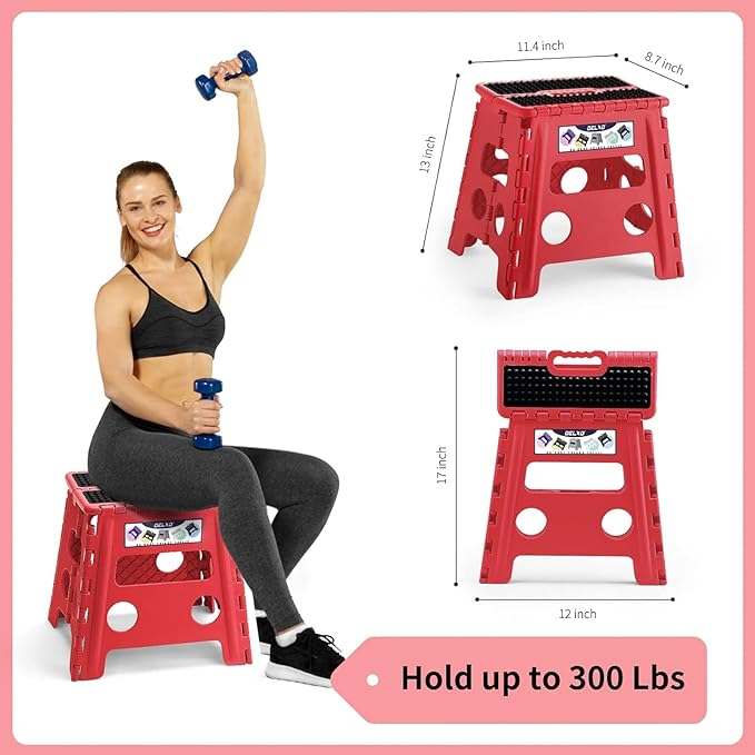 Delxo Folding Step Stool,Non-Slip Stool 13 inch Height Premium Heavy Duty Foldable Stool for Kids and Adults,Kitchen Garden Bathroom Stepping Stool 1 Pack in Red,2021 Upgrade Dotted Texture