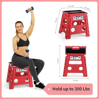 Delxo Folding Step Stool,Non-Slip Stool 13 inch Height Premium Heavy Duty Foldable Stool for Kids and Adults,Kitchen Garden Bathroom Stepping Stool 1 Pack in Red,2021 Upgrade Dotted Texture