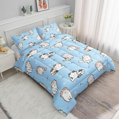 Datura home Blue Kawaii Cat Comforter Bedding Set for Girls Lovely Kitten Print Cute Animal Pattern with 1 and 2 Pillowcases Bedroom All Season(Cat Queen), Queen 90x90inches