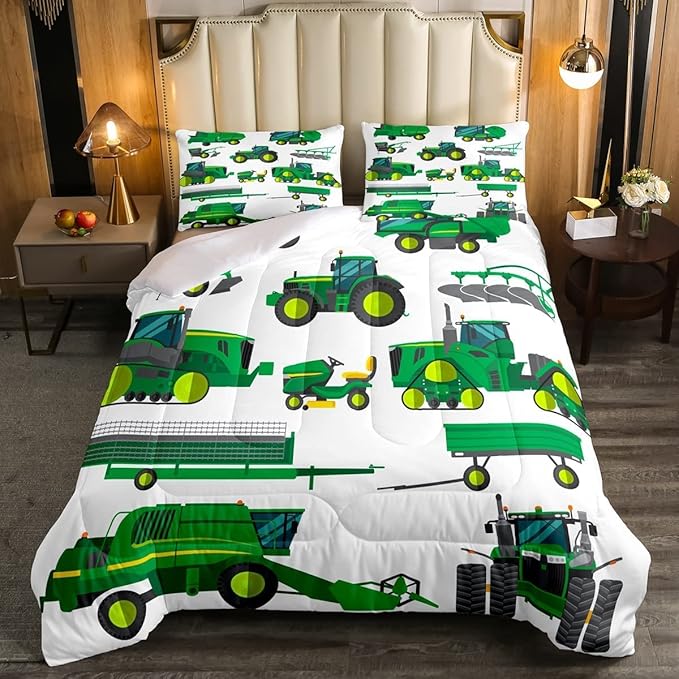 Tractor Bedding Set King Size Equipment Trucks Comforter Excavator Comforter Set for Child Kids Boys Teens Construction Site Car Quilt Set for Car Theme Room Bedroom Dorm Decor with 2 Pillow cases