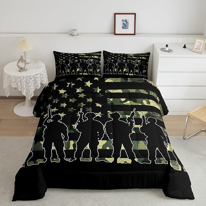 Erosebridal American Flag Camo Comforter Set King Size for Boy Teens Gilrs Kids ArmyGreen Camouflage Bedding Adult Men Soldier Silhouettes Quilted Duvet Military Style Camo Down Comforter