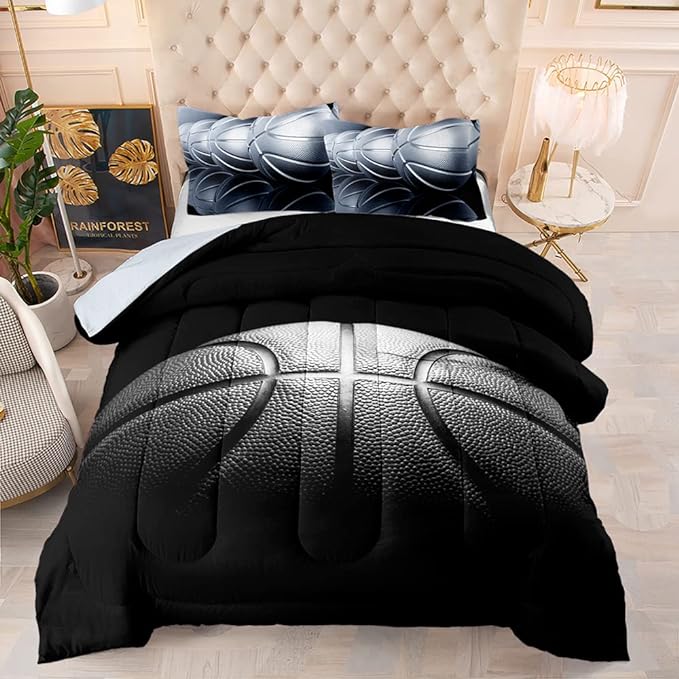 Basketball Comforter Set,Sports Basketall Bedding Set with Pillowcases, Boys Comforter Set Twin,Twin Black Ultra Soft Microfiber Kids Comforter Set,Basketball Bedding for Teen Boy Kids