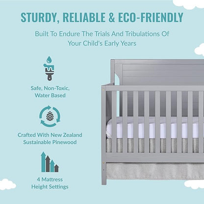 Cape Cod 5-In-1 Convertible Crib In Pebble Grey, Greenguard Gold And JPMA Certified, Built Of Sustainable New Zealand Pinewood, 3 Mattress Height Positions