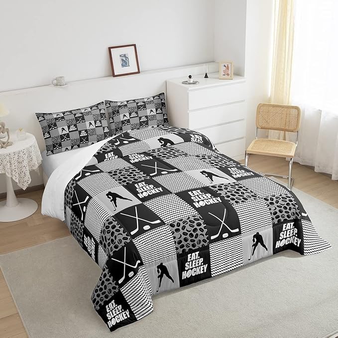 Ice Hockey Comforter Sets For Boys King Black White Grey Winter Sports Games Down Comforter Kids Teen Room Decor,Hockey Pucks Player Bedding Set Geometric Checkered Stripes Quilt Duvet 2 Pillow Cases