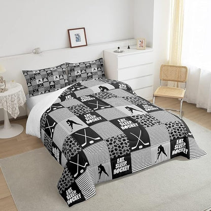 Ice Hockey Comforter Sets For Boys Full Black White Grey Winter Sports Games Down Comforter Kids Teen Room Decor,Hockey Pucks Player Bedding Set Geometric Checkered Stripes Quilt Duvet 2 Pillow Cases