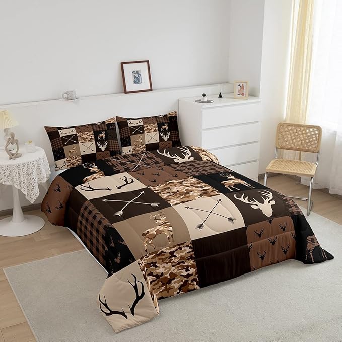 Camo Deer Antlers Kids Comforter Set Twin Size,Animal Arrow Silhouette Bedding Set,Girls Boys Adults Home/Xmas Cabin Decor,Lattice Patchwork Down Comforter,Brown Rustic Duvet Insert,2pcs,1 Pillowcase