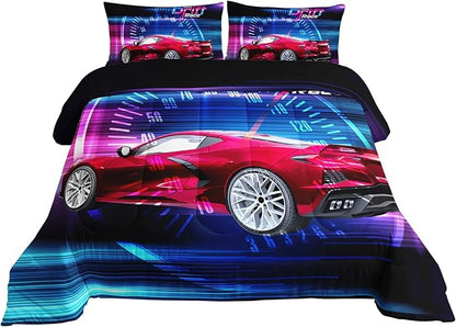 Axolotl Race Car Bedding Set Full Size,Boys Extreme Sports Comforter Set for Kids Boys Car Racing Gifts,Red Cool Car Comforter Car Sports Quilt Set 1 Comforter Set with 2 Pillowcase Car Racing Gifts