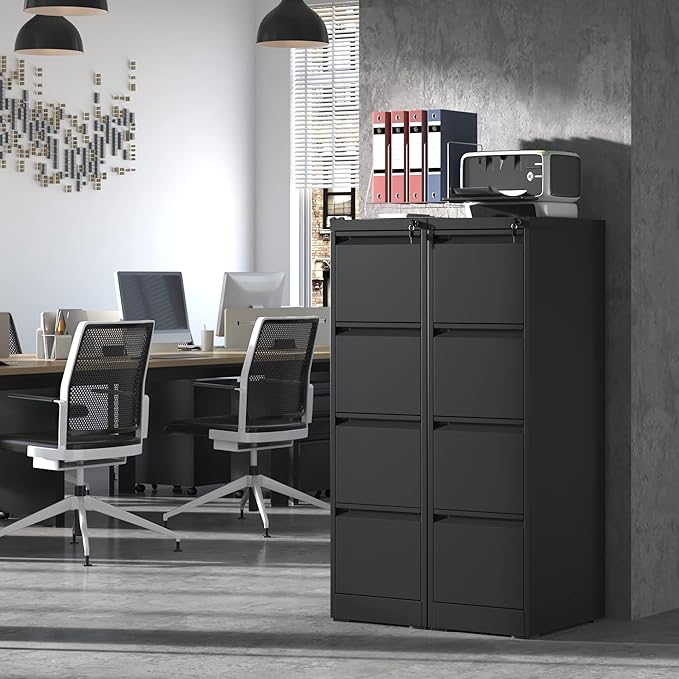 4 Drawer File Cabinet,Metal Filing Cabinets with Lock,Black Vertical File Cabinet for Home Office,Heavy Duty Metal Storage Cabinet for A4/Letter/Legal Size File,Assembly Required