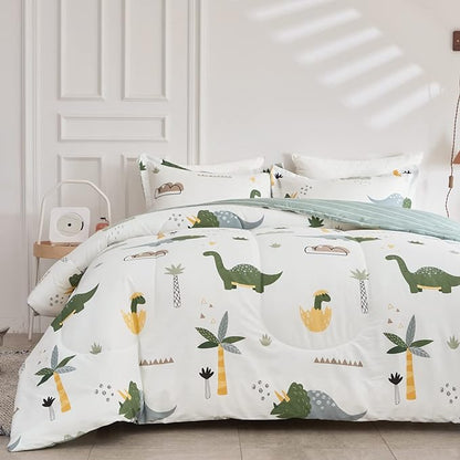 Joyreap Dinosaur Kids Cotton Comforter Set for Boys Girls, Full/Queen Size 3pcs Cotton Bedding Comforter, Fresh Green Dinosaurs on White Design, Skin-friendly Breathable for All Season- 88x88 inches