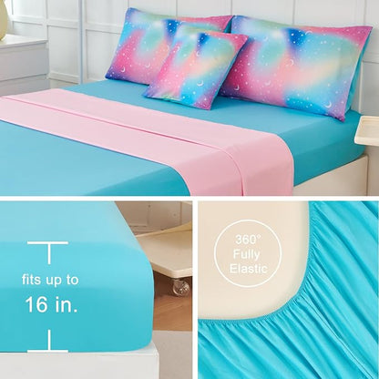 URBONUR Girls Full Bedding Set 6 Pieces Rainbow Comforter Set Full Size Multicolor Stars Printed Bed in a Bag, Soft & Fluffy Kids Bed Sets