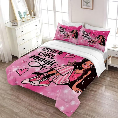 Black Girl Comforter Set Queen for Kids,Black Girl Magic Bedding Set,Cuet Black Princess Girl Comforter Black Queen Melanin Bedroom Bed Set