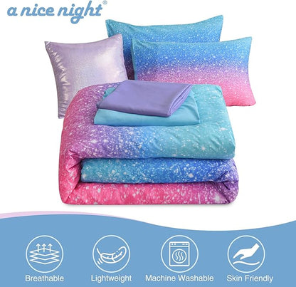 A Nice Night 6Pcs Gradient Glitter Bedding Set for Girls Queen Size, Colorful Rainbow Galaxy Comforter Set, Ultra Soft Bedding Sets, Blue