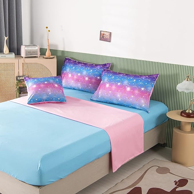 PERFEMET 6Pcs Mermaid Scale Comforter Sets Twin Size, 3D Pink Glitter Bed in A Bag for Teens Girls, Colorful Rainbow Bedding Comforter with Sheets Set, Ultra Soft Sparkly Galaxy Quilted Duvet