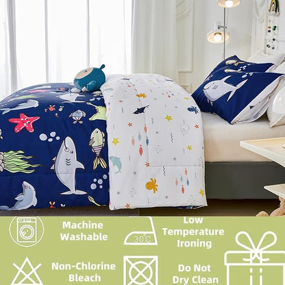 RYNGHIPY Kids Bedding Set for Full Bed Reversible Ocean Animals Print Comforter Set for Boys Girls Easy-Wash Super Soft Microfiber Bed Set (Navy Ocean,Full)