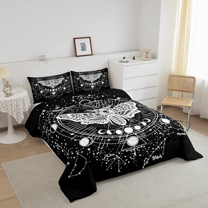 Kids Boho Moth Comforter Set Queen Boys Gothic Skull Bedding Set For Men Women Bedroom Decor Bohemian Moon Starry Sky Comforter Exotic Moth Skull Skeleton Bones Duvet Set Teens Quilt Set, Black White