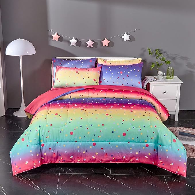 Colorful Polka Dots Rainbow Comforter Set for Teen Girl,Full/Queen Size 5 Piece Bed in A Bag,Circles Printed Comforter and Sheets,Ultra Soft Microfiber All Season Bedding Set(Full/Queen,Dots)