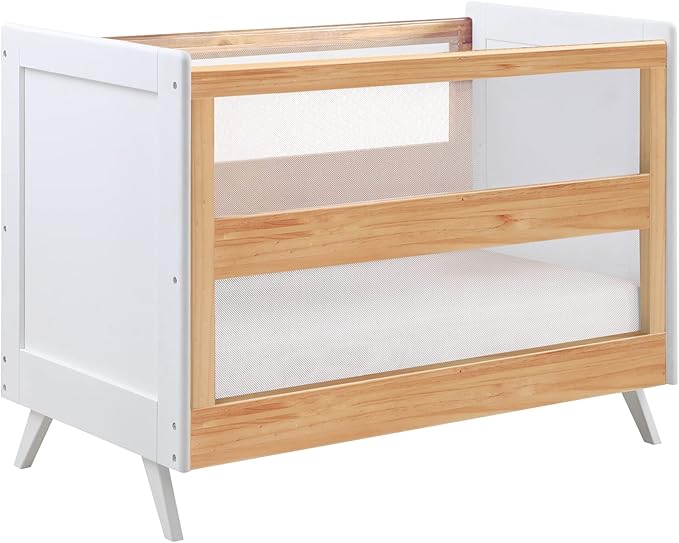 BreathableBaby Breathable Mesh 3-in-1 Convertible Crib (Toddler Bed Kit Sold Separately) — Beech & White — Two Adjustable Mattress Heights — Greenguard Gold Certified