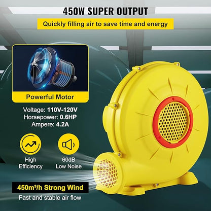 VEVOR Air Blower, 450W 0.6HP Inflatable Blower, Portable and Powerful Bounce House Blower, 1750Pa Commercial Air Blower Pump Fan, Used for Inflatable Bouncy Castle and Jump Slides, Yellow