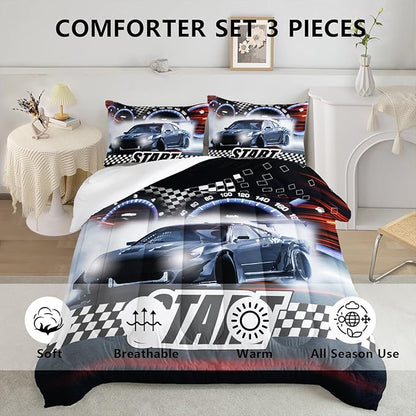 Axolotl Race Car Comforter Set Queen Size,Extreme Sports Bedding Set for Boys Teens Kids Girls Room Decor,Cool Speed Luxury Car Quilt Bed Set with 1 Comforter 2 Pillowcases Car Racing Gifts