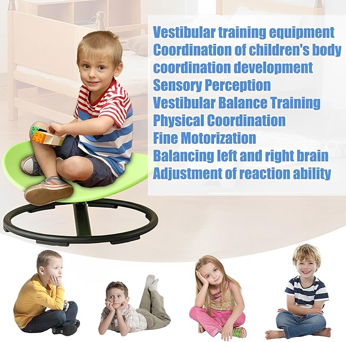 Autism Kids Swivel Chair,Spin Sensory Chair,Kids Spinning Chair,Sit Spin Training Body Coordination,Metal Base Non-Slip Small Desk Chair (Green)