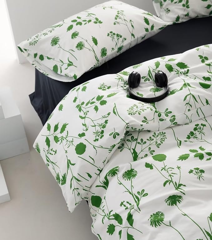 Sage Botanical Comforter Queen White Green Floral Plant Bedding Comforter Set Girls Garden Pattern Printed on White Blanket Rustic Leaf Blossom Women White Farmhouse Comforter Queen