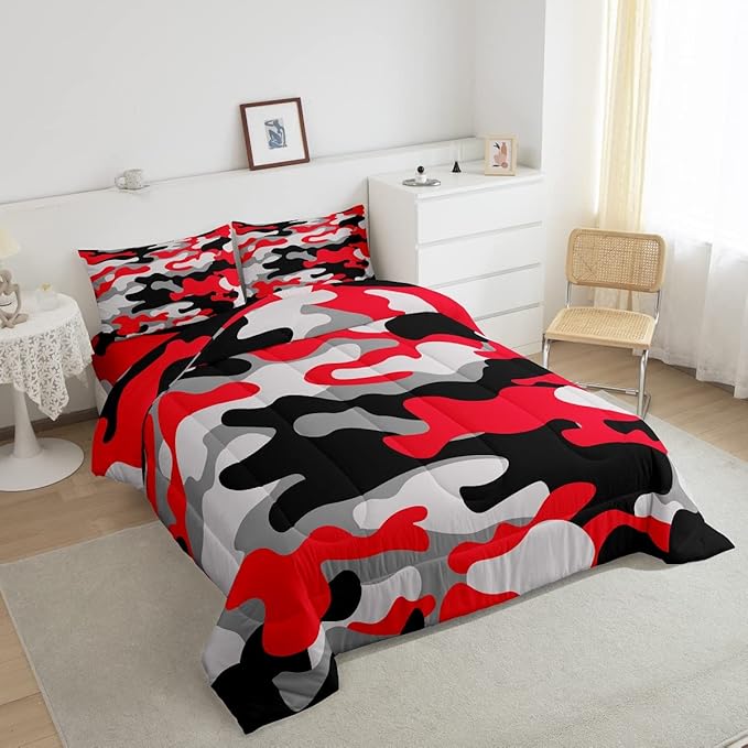 Feelyou Twin Size Camouflage Comforter Set 3Pcs Kids Bedding Set for Boys Girls Teens 1 Comforter & 2 Pillowcases(Twin,Red Black)