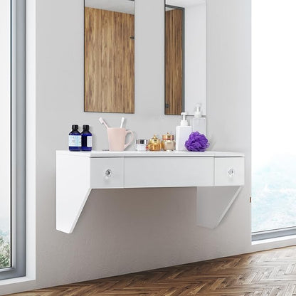 ALIMORDEN Floating Shelf with Mirror and Drawer,Floating Drawer for Bathroom, White Wall Mounted Desk,Pull Out Drawer, 31 inches Surface, Floating Wall Desk, Hanging Desk, White