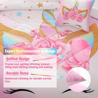 JQinHome Unicorn Twin Bedding Sets for Girls Kids,6 Piece Bed in A Bag 3D Colorful Flower Girl Unicorn Comforter Set with Sheet Set