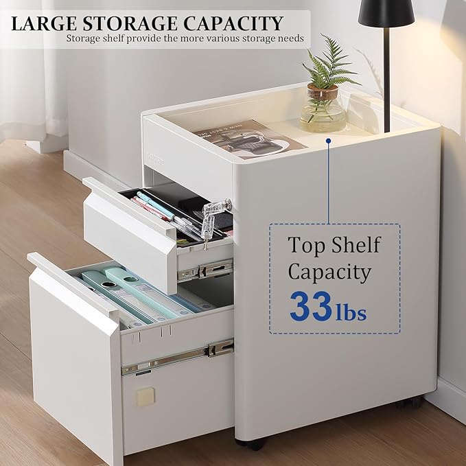 2 Drawer Mobile File Cabinet Top Storage Shelf, Rolling Metal Filing Cabinet for Legal & Letter File Anti-tilt Design with Lock Under Desk Office Drawers Fully Assembled Except Casters(Top ST W)